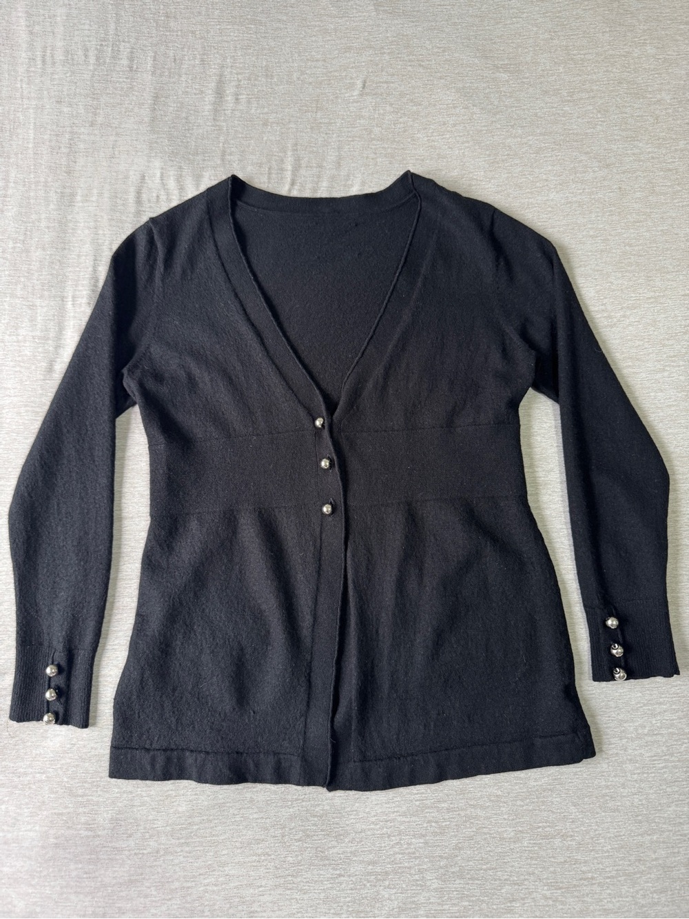 100% Wool Black Fitted Cardigan Silver Buttons Deep V Neck